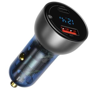Incarcator Auto Baseus 65W Quick Charger, Particular Digital Display Dual USB si Type-C, Silver