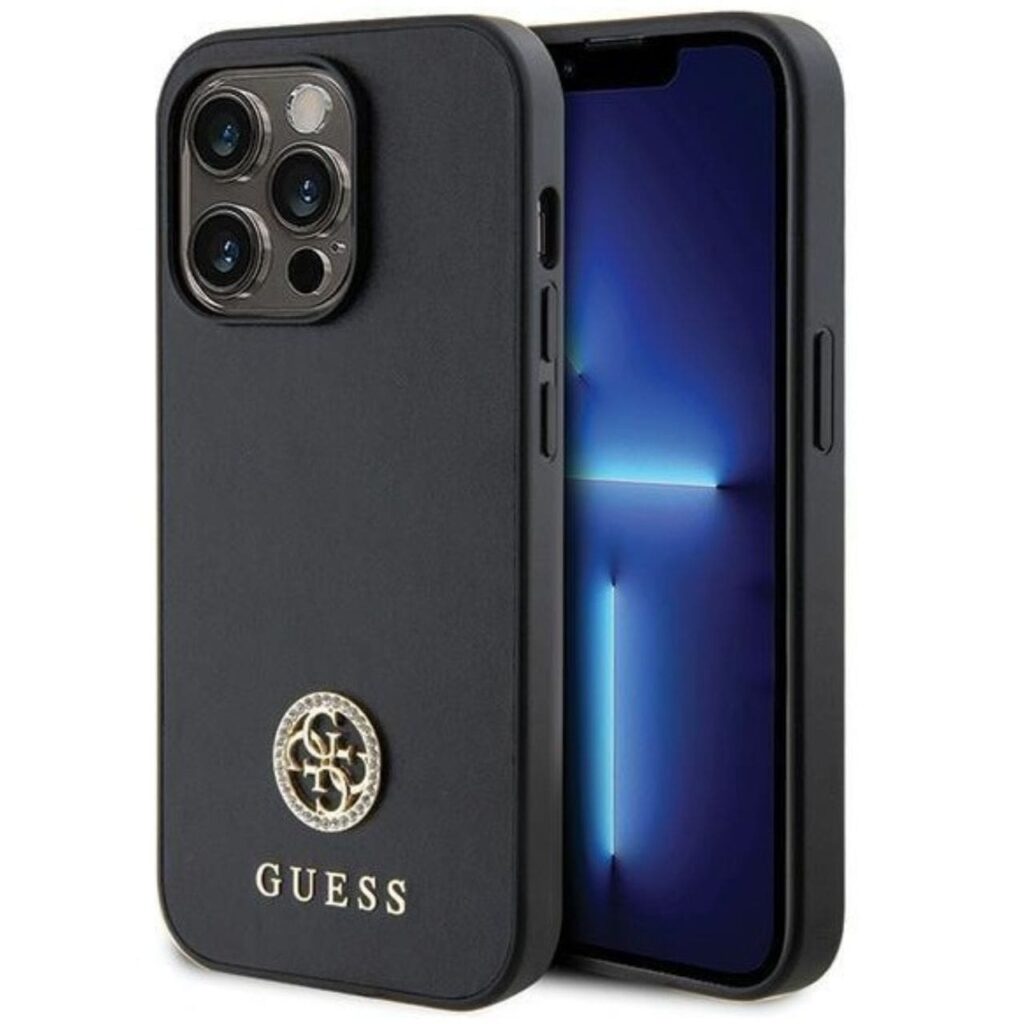 1 cele mai bune huse iPhone 15 Pro Max - Guess Husa 4G Strass Metal Logo iPhone 15 Pro Max Negru