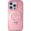 Guess Husa Ring Stand Glitter MagSafe iPhone 15 Pro Roz