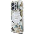 Guess Husa Glitter Flowers Triangle Buttons MagSafe iPhone 16 Pro Max Alb