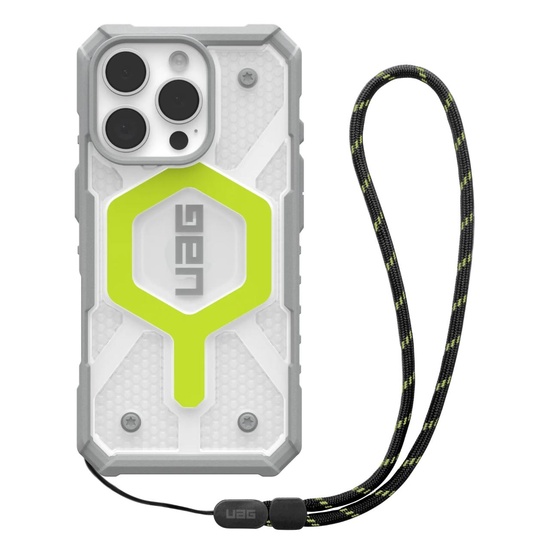 UAG Husa Pathfinder Clear MagSafe iPhone 16 Pro Active Neon Lanyard