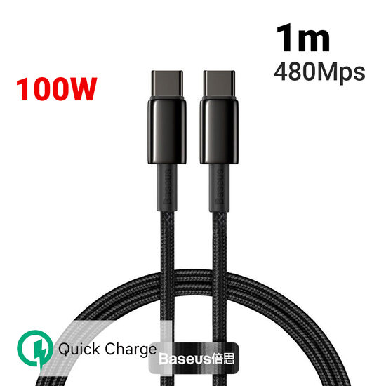 Cablu Type-C la Type-C Baseus Tungsten Gold Fast Charging 100W Black (1m, impletitura nylon)