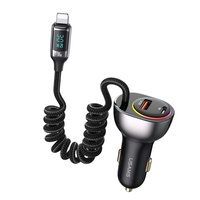 Usams Set Incarcator Auto Dual port USB si Type-C, Fast Charge Digital Display, PD, 60W, cu cablu Lightning, Negru