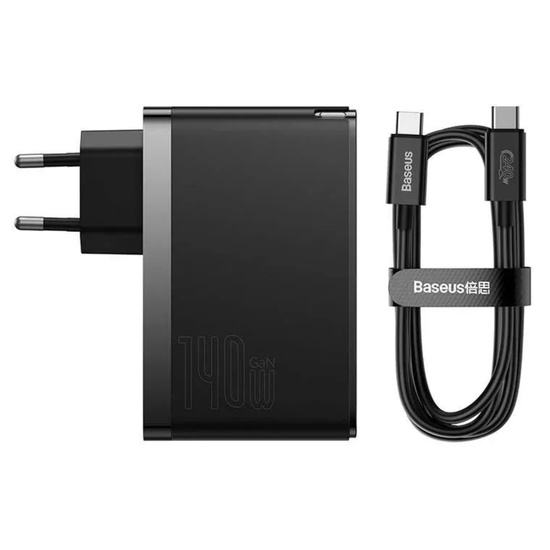 Baseus Set Incarcator Retea GaN5 Pro 2x USB-C si 1x USB-A, Fast Charger, 140W + Cablu Type-c la Type-c, 1m, Negru
