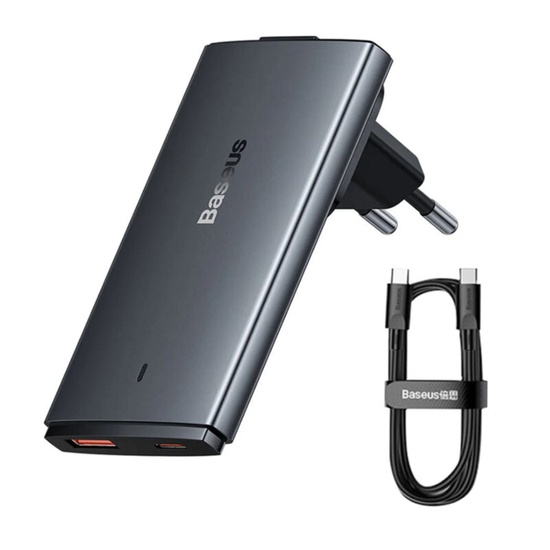 Baseus Set Incarcator Retea 1xport USB-C, 1XUSB-A GaN5 Pro Ultra Slim Fast Charger, 65W, cablu Type-C la Type-C, Gri