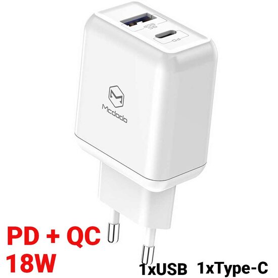 Incarcator Retea Fast Charge Dual USB PD/QC Mcdodo Smart Series 18W White