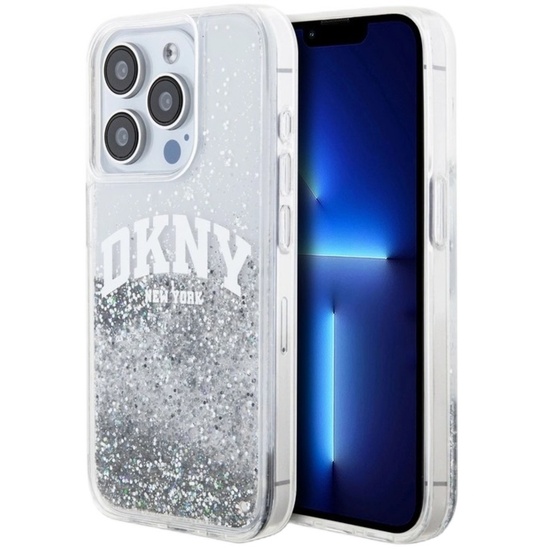 DKNY Husa Liquid Glitter Big Logo iPhone 15 Pro Alb