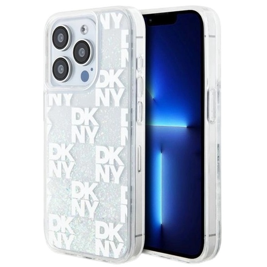DKNY Husa Liquid Glitter Multilogo iPhone 15 Pro Max Alb