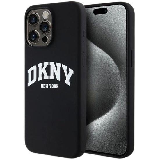 DKNY Husa Liquid Silicone White Printed Logo MagSafe iPhone 15 Pro Max Negru
