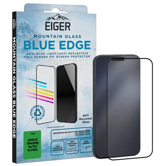 Eiger Folie Sticla Anti-Blue Light Mountain Blue Edge GRS iPhone 16 / 15 / 14 Pro