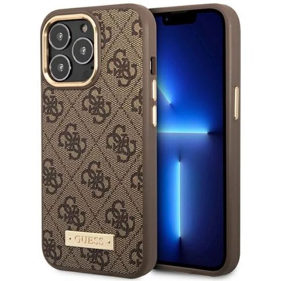 Husa iPhone 14 Pro Guess 4G Logo Plate MagSafe Maro