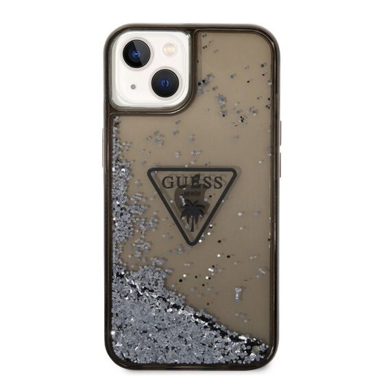 Husa iPhone 14 Plus Guess Liquid Glitter Translucent Triangle Logo Black
