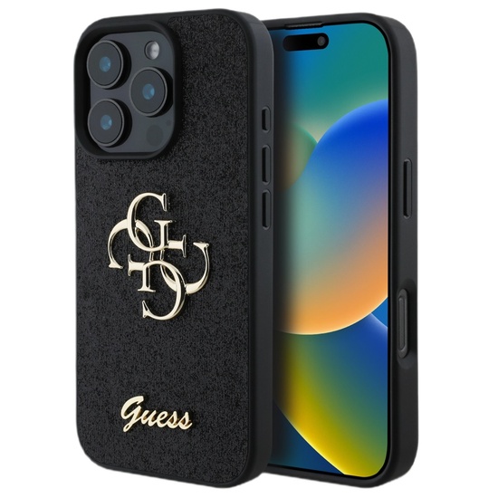 Guess Husa Fixed Glitter 4G Metal Logo iPhone 16 Pro Negru