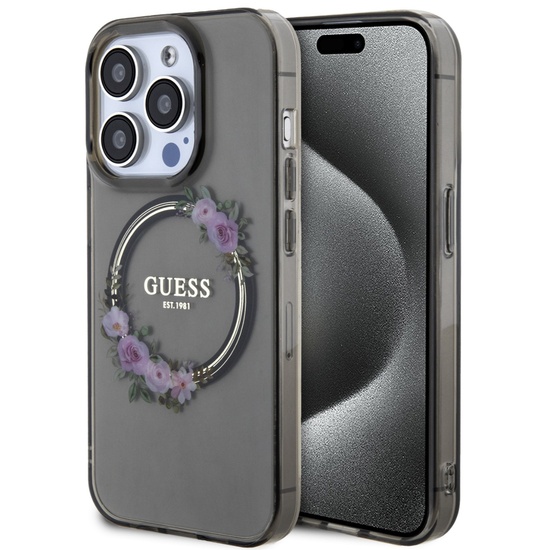 Guess Husa Flowers Ring Logo Glossy MagSafe iPhone 15 Pro Negru