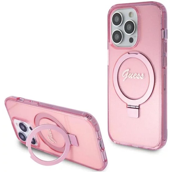 Guess Husa Ring Stand Glitter MagSafe iPhone 15 Pro Roz