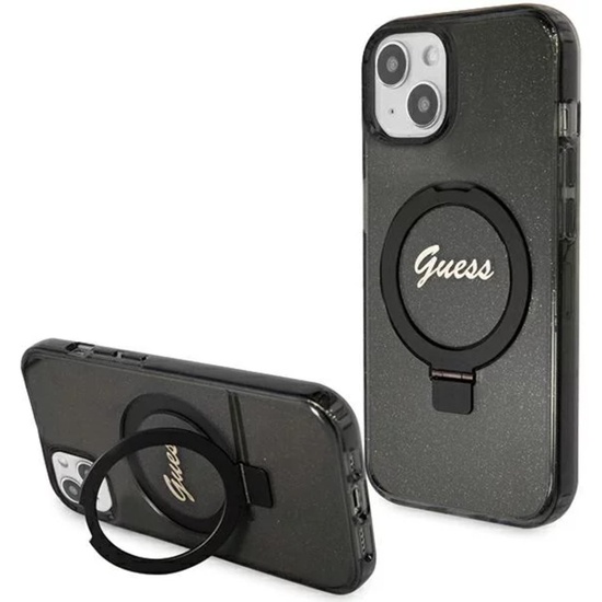 Guess Husa Ring Stand Glitter MagSafe iPhone 15 Negru