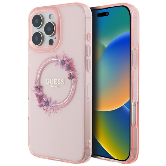 Guess Husa Flowers Ring MagSafe iPhone 16 Pro Roz