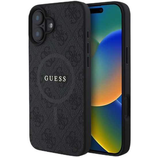 Guess Husa PU Leather 4G Colored Ring MagSafe iPhone 16 Negru