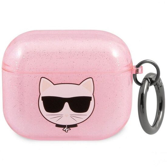 Husa Airpods 3 Karl Lagerfeld Glitter Choupette Head Roz