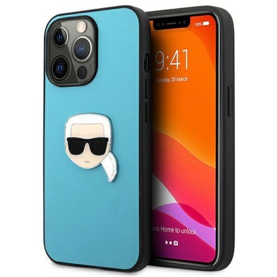 Husa iPhone 13  Karl Lagerfeld Leather Ikonik Karl`s Head Metal Albastru
