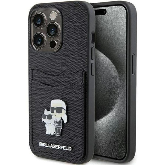 Karl Lagerfeld Husa Saffiano Card Slot Metal Karl&Choupette iPhone 15 Pro Negru