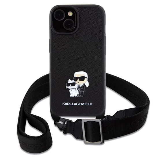 Karl Lagerfeld Husa Saffiano Crossbody Metal Karl&Choupette iPhone 15  Negru