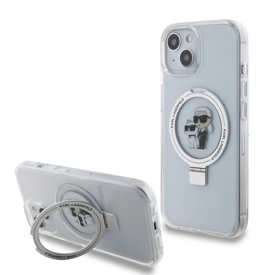 Karl Lagerfeld Husa Ringstand Karl & Choupette MagSafe iPhone 15 Alb