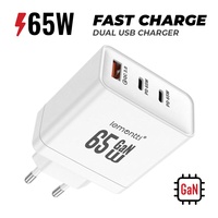 Lemontti Incarcator Retea GaN 2x Type-C si 1x USB-A, 65W, Fast Charge, EU Plug, Alb