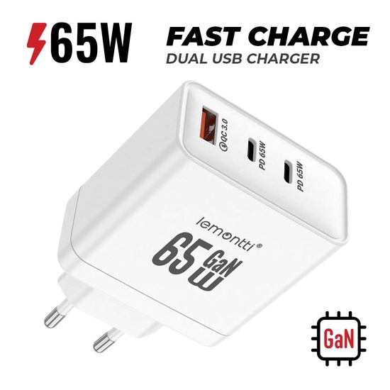 Lemontti Incarcator Retea GaN 2x Type-C si 1x USB-A, 65W, Fast Charge, EU Plug, Alb