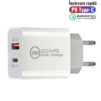 Lemontti Incarcator Retea Fast Charge 20W 2 porturi PD Type-C + USB-A Quick Charge 3.0 Alb