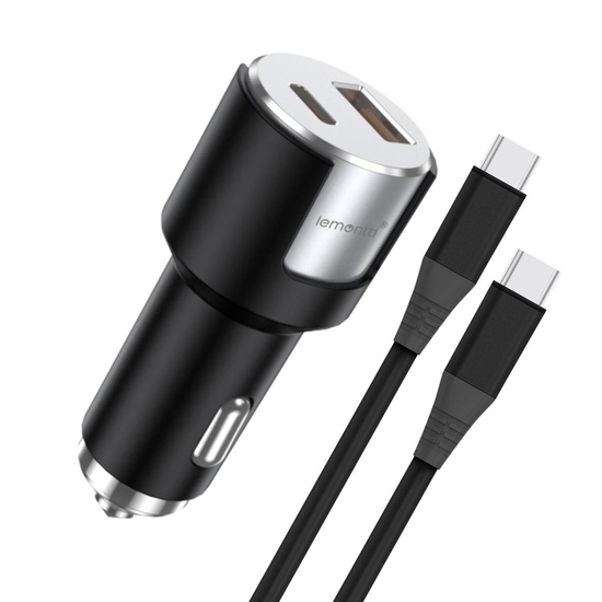 Lemontti Incarcator Auto Fast Charge 1 x port PD Type-C 20W + 1 x port USB-A QC 3.0 18W cu cablu Type-C la Type-C 20W, 1m, Negru/Argintiu