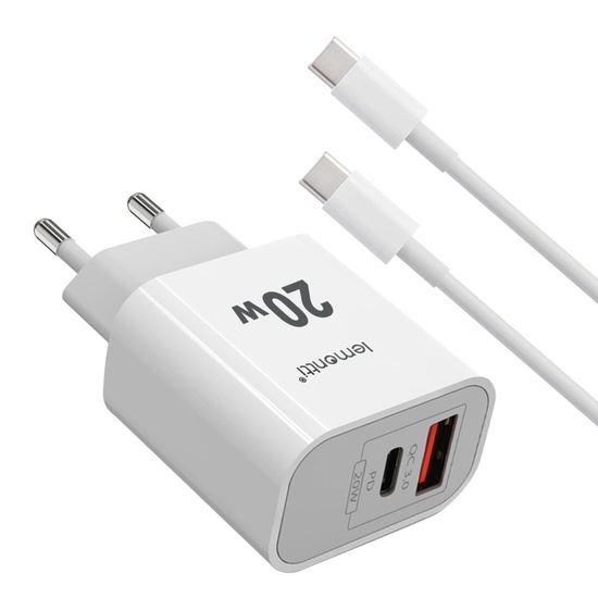 Lemontti Set Incarcator Retea Fast Charge 20W 1 x PD Type-C + 1 x USB-A Quick Charge 3.0 si cablu Type-C-Type-C 20W 1m Alb
