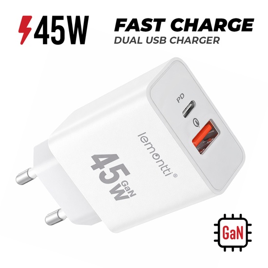 Lemontti Incarcator Retea GaN Fast Charge 45W 1 x PD Type-C + 1 x USB-A Quick Charge 3.0 Alb