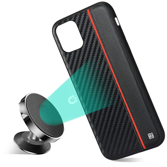 Husa iPhone 11 Pro Meleovo Carbon Black & Red (placuta metalica integrata)