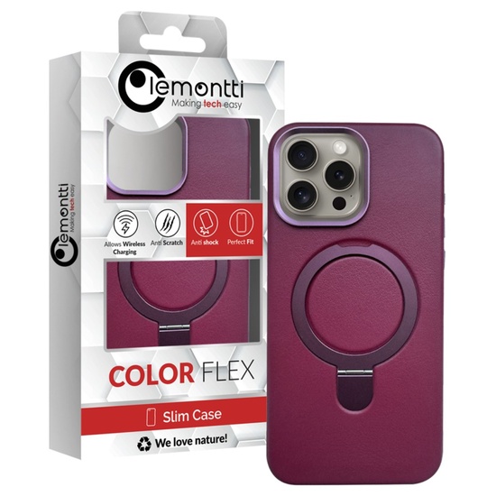 Lemontti Husa Piele MagSafe cu inel stand iPhone 16 Pro Visiniu