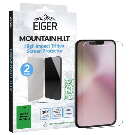 Eiger Folie Clear Triflex H.I.T GRS  iPhone 17e / iPhone 16e / iPhone 14 / iPhone 13 / iPhone 13 Pro, pachet de 2 buc, Clear