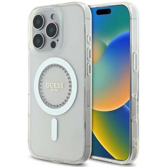 Guess Husa Rhinestones Ring MagSafe iPhone 16 Pro Max Alb