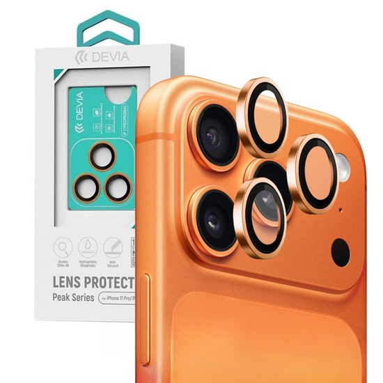 Devia Folie Sticla Camera Peak Series iPhone 17 Pro/ 17 Pro Max Portocaliu, pachet de 3 buc