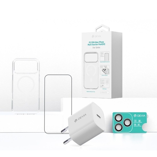 Devia Set 4 in 1 iPhone 17 Pro Incarcator retea GaN PD 30W + husa silicon Magsafe + folie sticla Military-Grade cu aplicator + folie sticla camera
