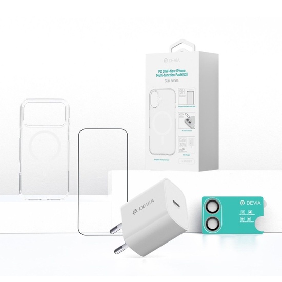 Devia Set 4 in 1 iPhone 17 Incarcator retea GaN PD 30W + husa silicon Magsafe + folie sticla Military-Grade cu aplicator + folie sticla camera