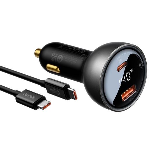 Baseus Set Incarcator Auto Digial Display 140W Fast Charger PD,QC3.0, 1x USB, 1xType-C, cablu inclus Type-C, 1m Negru