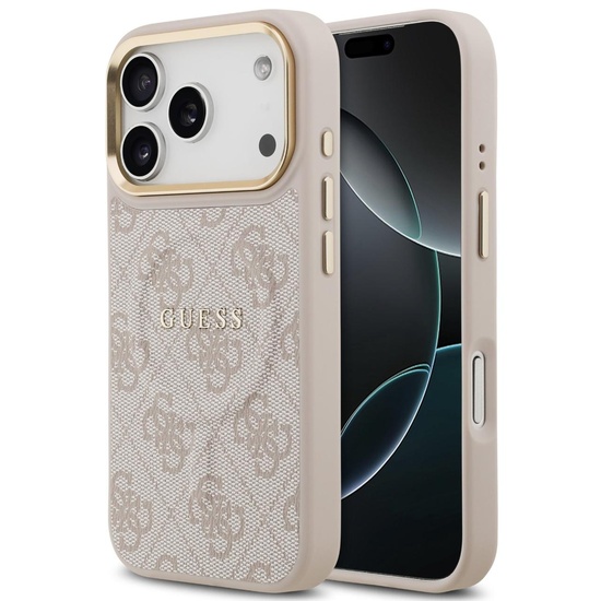 Guess Husa PU Leather 4G Gold Frame MagSafe iPhone 17 Pro Max Roz