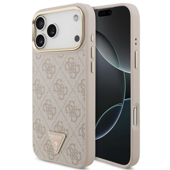 Guess Husa Leather 4G Triangle Logo Gold Frame MagSafe iPhone 17 Pro Max Roz