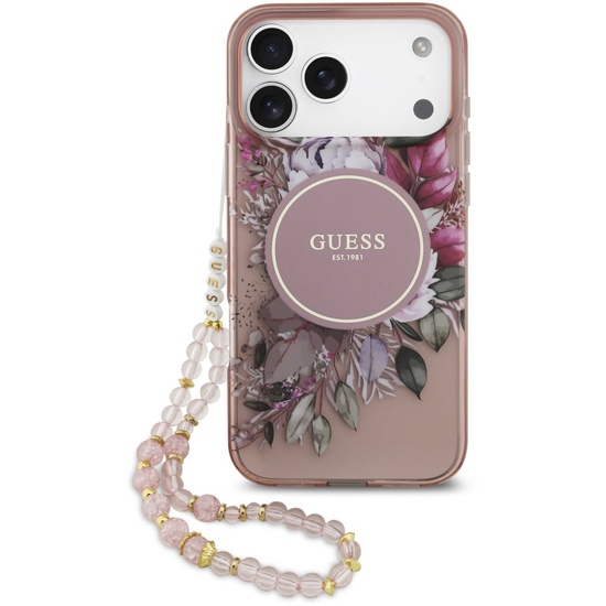 Guess Husa Flowers Strap MagSafe iPhone 17 Pro Max Roz