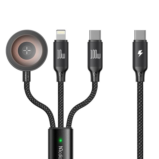 Mcdodo Cablu 3in1 Type-C la Lightning/Type-C cu Incarcator Wireless compatibil cu Apple Watch, 100W Fast Charging, O Series, 1.2m  Negru