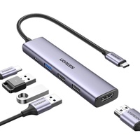 Ugreen Multihub Ultra-Thin Type-C la USB3.0, 2x USB2.0, HDMI 4K@30Hz, Type-C PD100W, 5Gbps, Grey