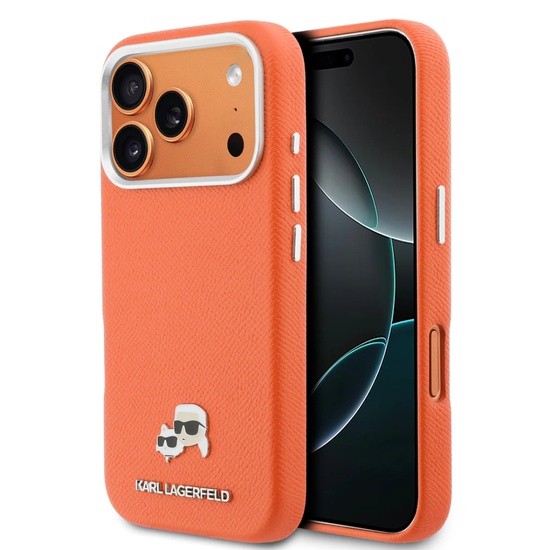 Karl Lagerfeld Husa Karl & Choupette Head Pins Saffiano MagSafe iPhone 17 Pro Orange