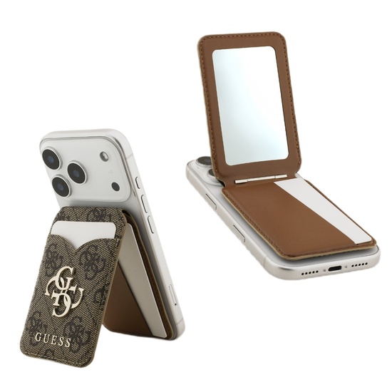 Guess Suport Card MagSafe cu functie stand si oglinda Maro