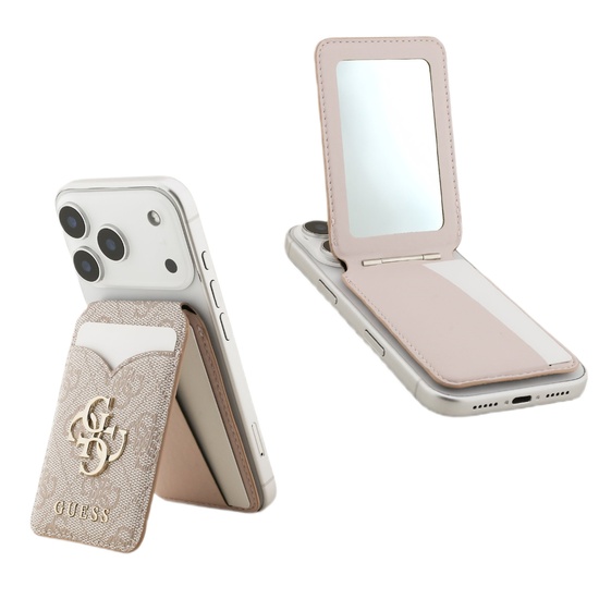 Guess Suport Card MagSafe cu functie stand si oglinda Roz