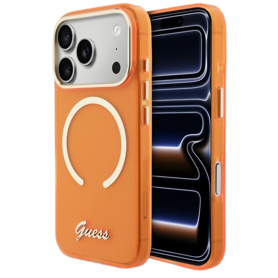 Guess Husa Script Metal MagSafe iPhone 17 Pro Portocaliu